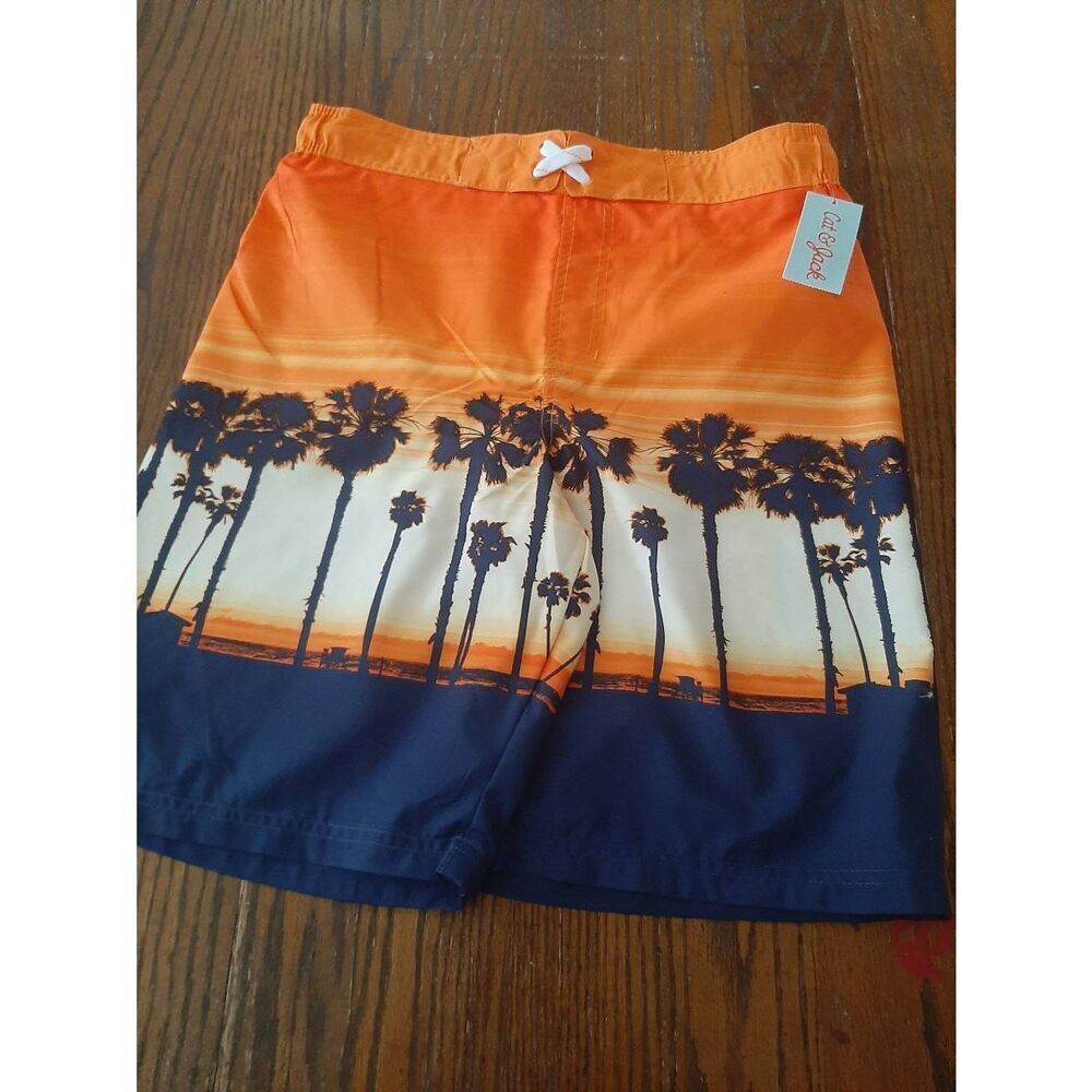 New Boys XL 16 Husky Cat Jack Orange Blue Palm Tropical Swim Trunks Swimwear